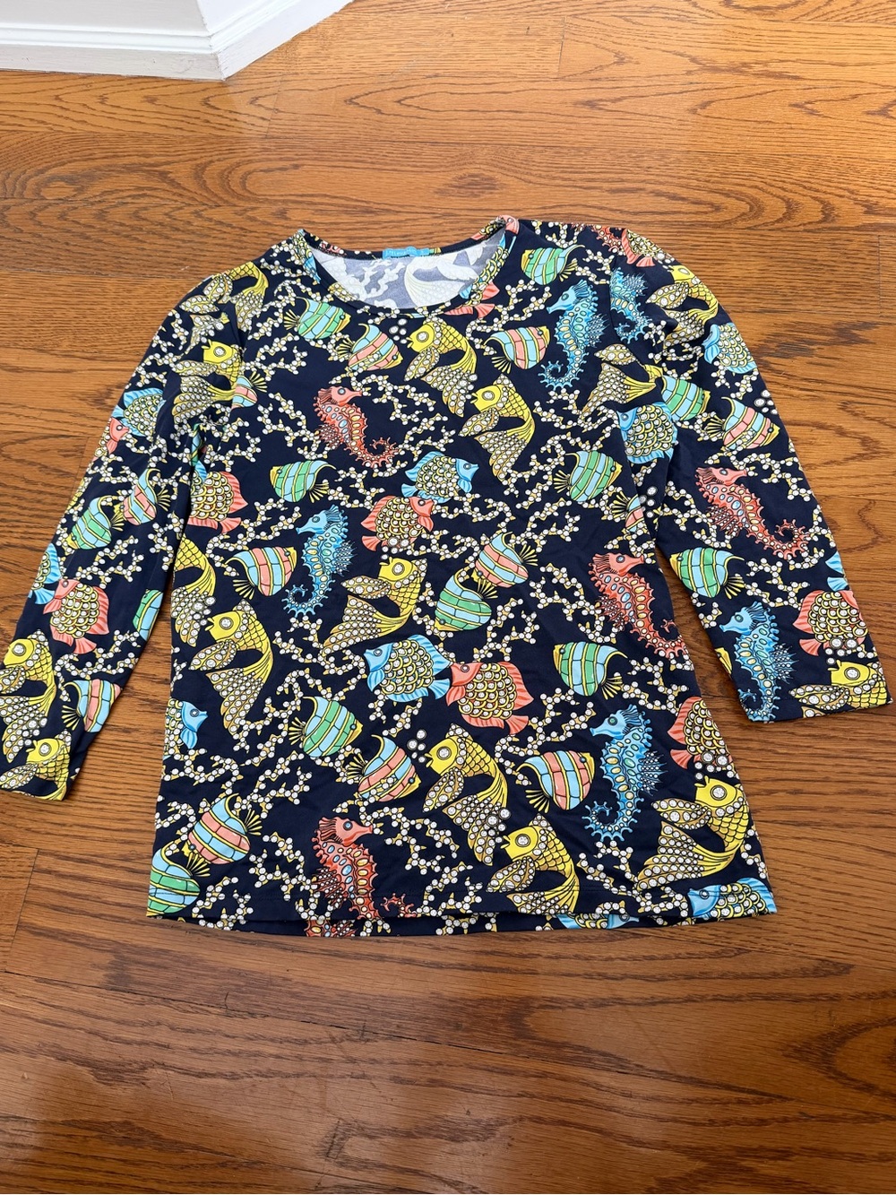 Printed Navy Long-Sleeve Fish & Seahorse Tee